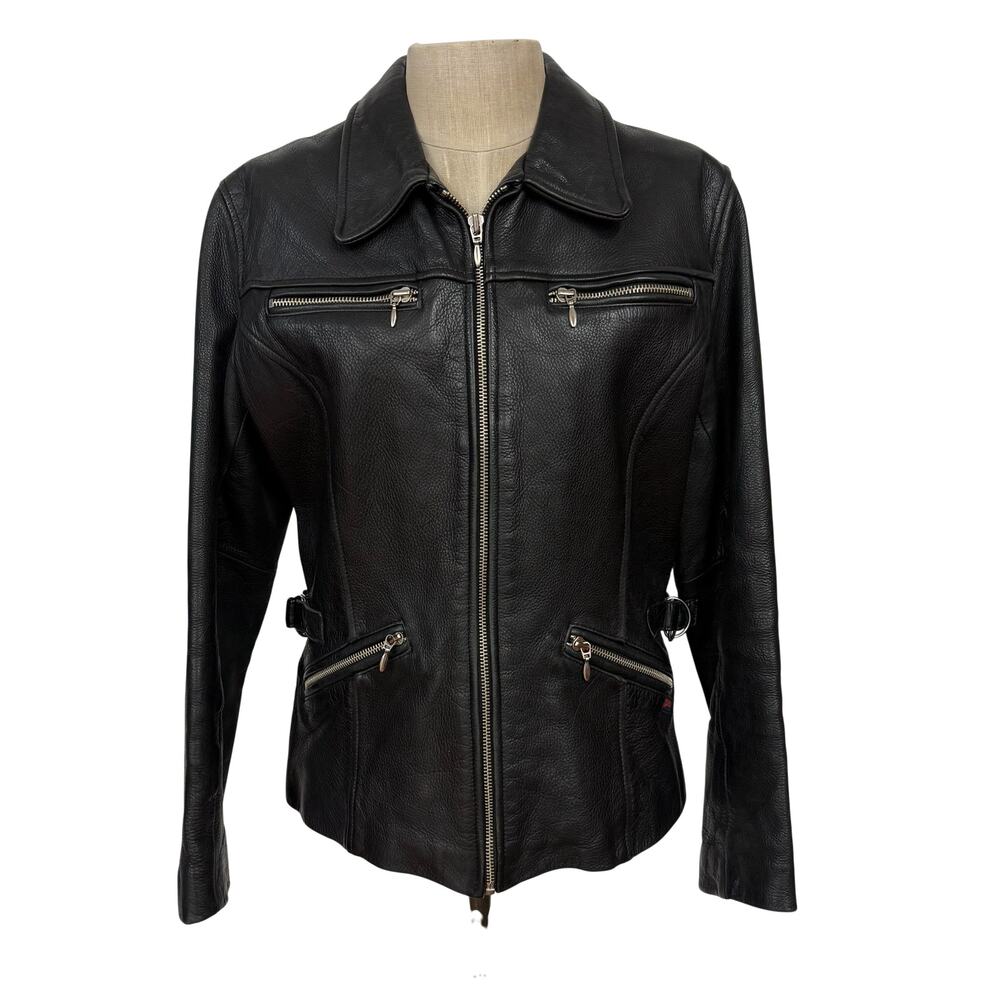 Vintage GUESS Black Genuine Leather Moto Biker Jacket Size Small